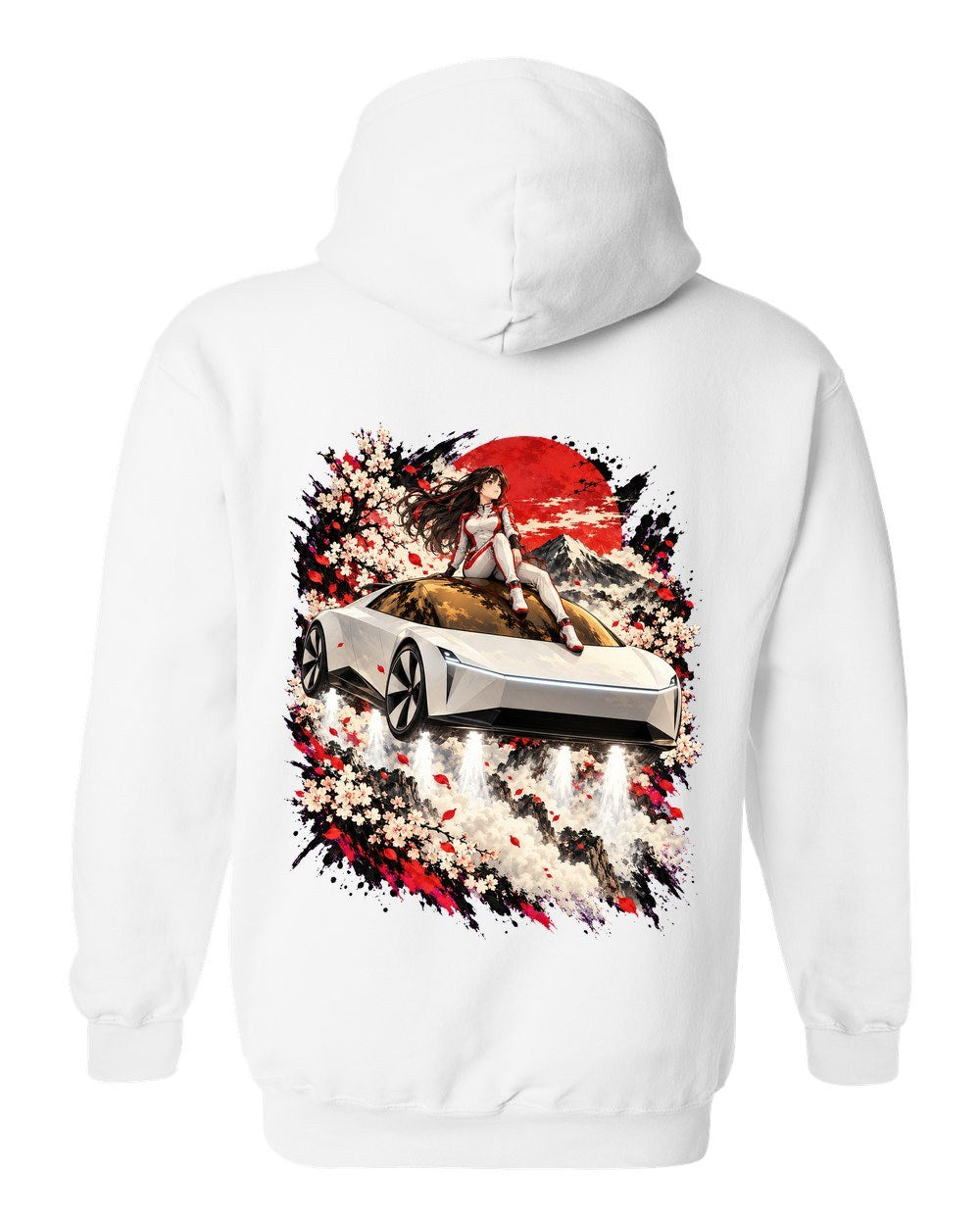 Tesla Roadster Rooftop Anime Girl Pull Over Hoodie White back