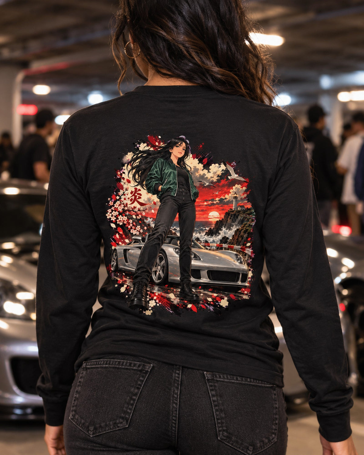 Porsche Carrera GT Anime Girl Shirt, Hoodie & More Long Sleeve Black worn hero