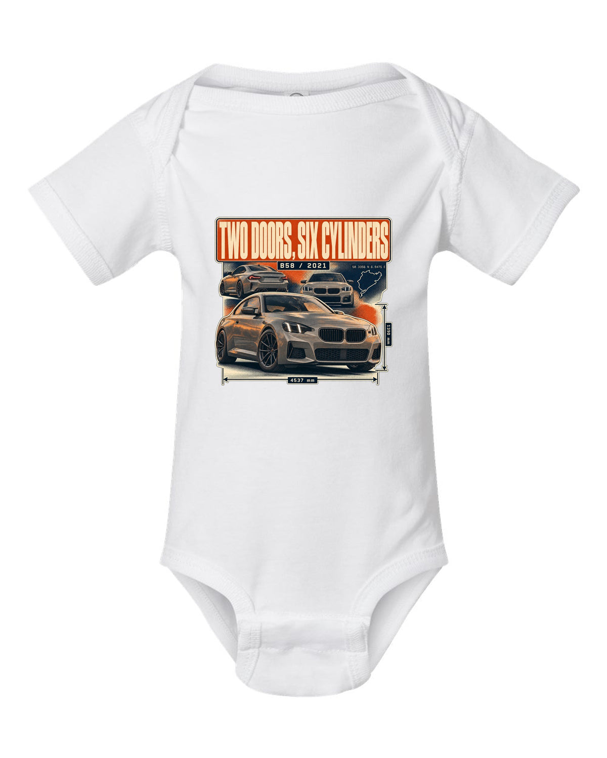 BMW M240i G42 coupe magazine-style editorial headline print white baby onesie front view with the design