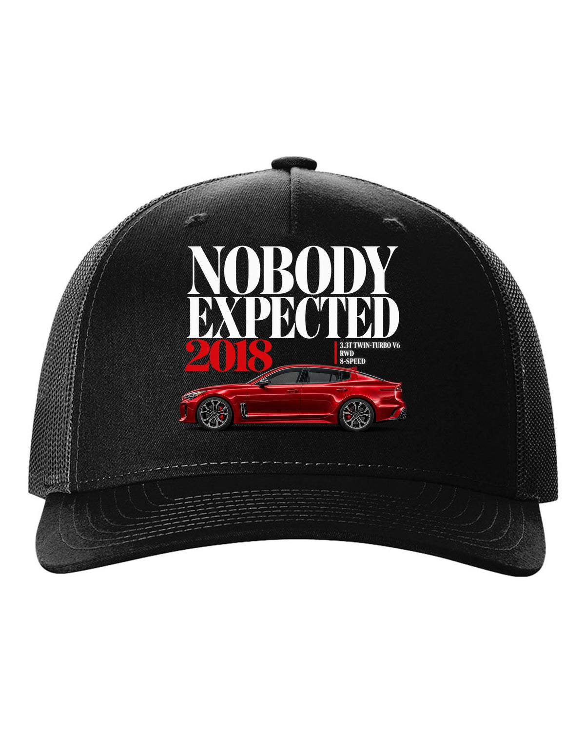 Kia Stinger GT editorial headline print with twin-turbo V6 spec text black hat front view with the design