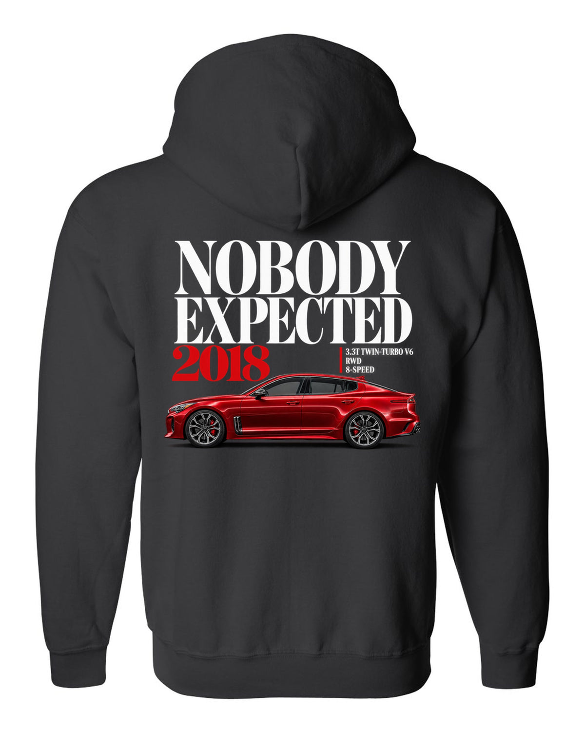 Kia Stinger GT editorial headline print with twin-turbo V6 spec text black zip hoodie back view with the design