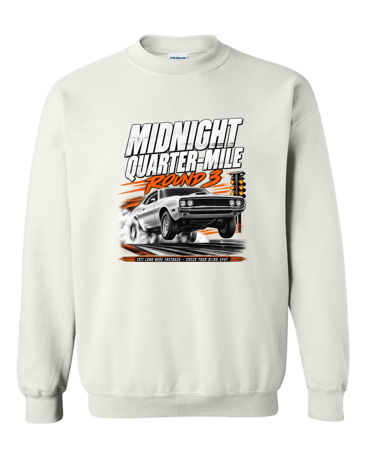 Race poster illustration of a 1971 Ford Mustang long-nose fastback titled midnight quarter-mile white crewneck front view with the design