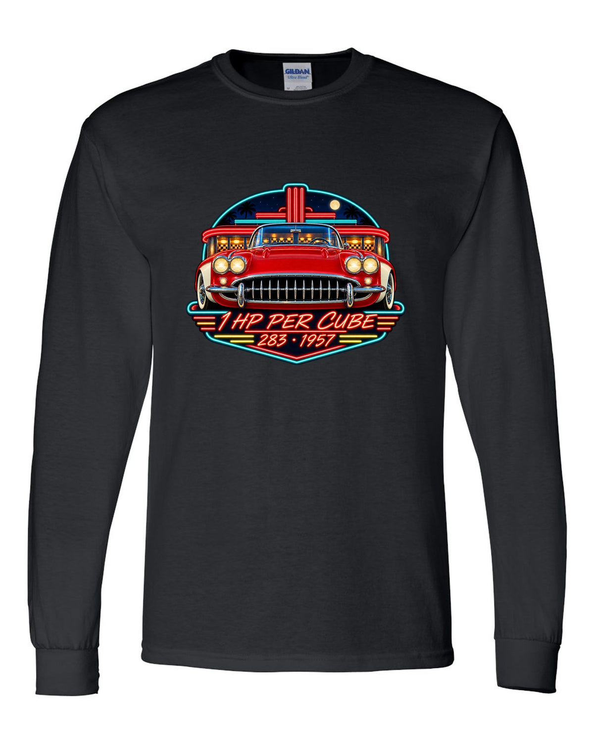 Vintage neon diner sign print of a 1957 Chevrolet Corvette C1 with 1 HP Per Cube 283 lettering black long sleeve front view with the design