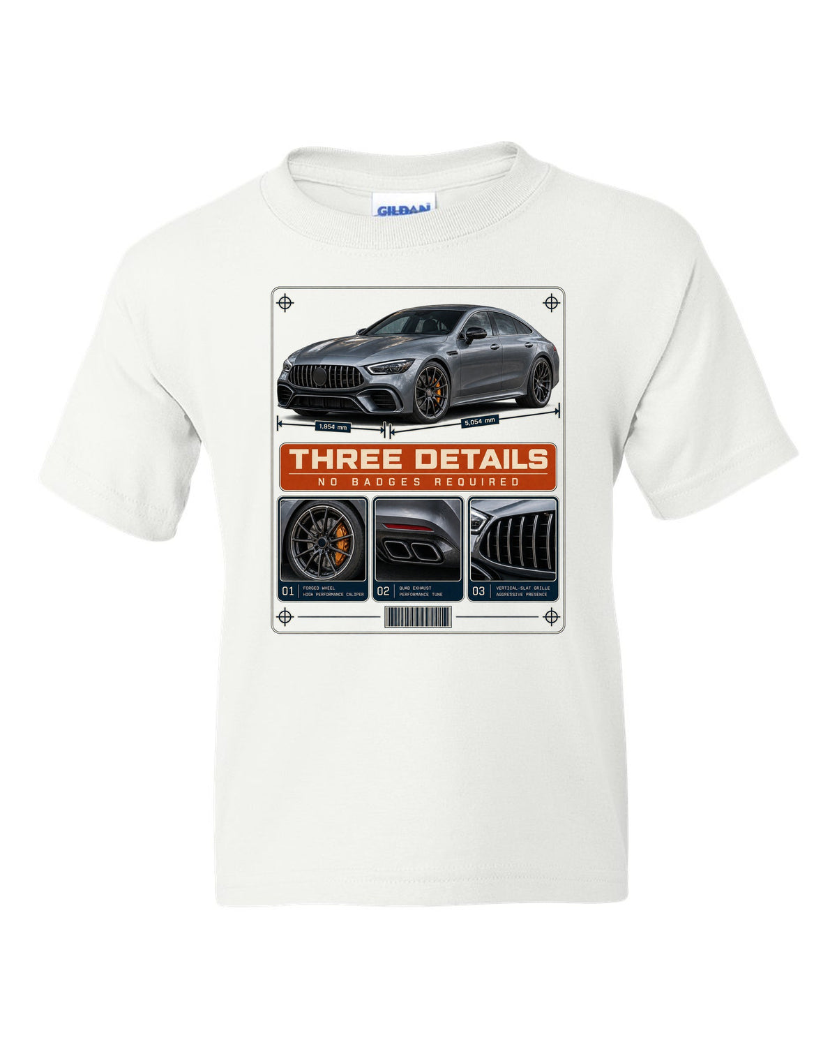 Mercedes-AMG GT 63 S 4-Door X290 dossier panel design in slate and orange white kids tee front view with the design