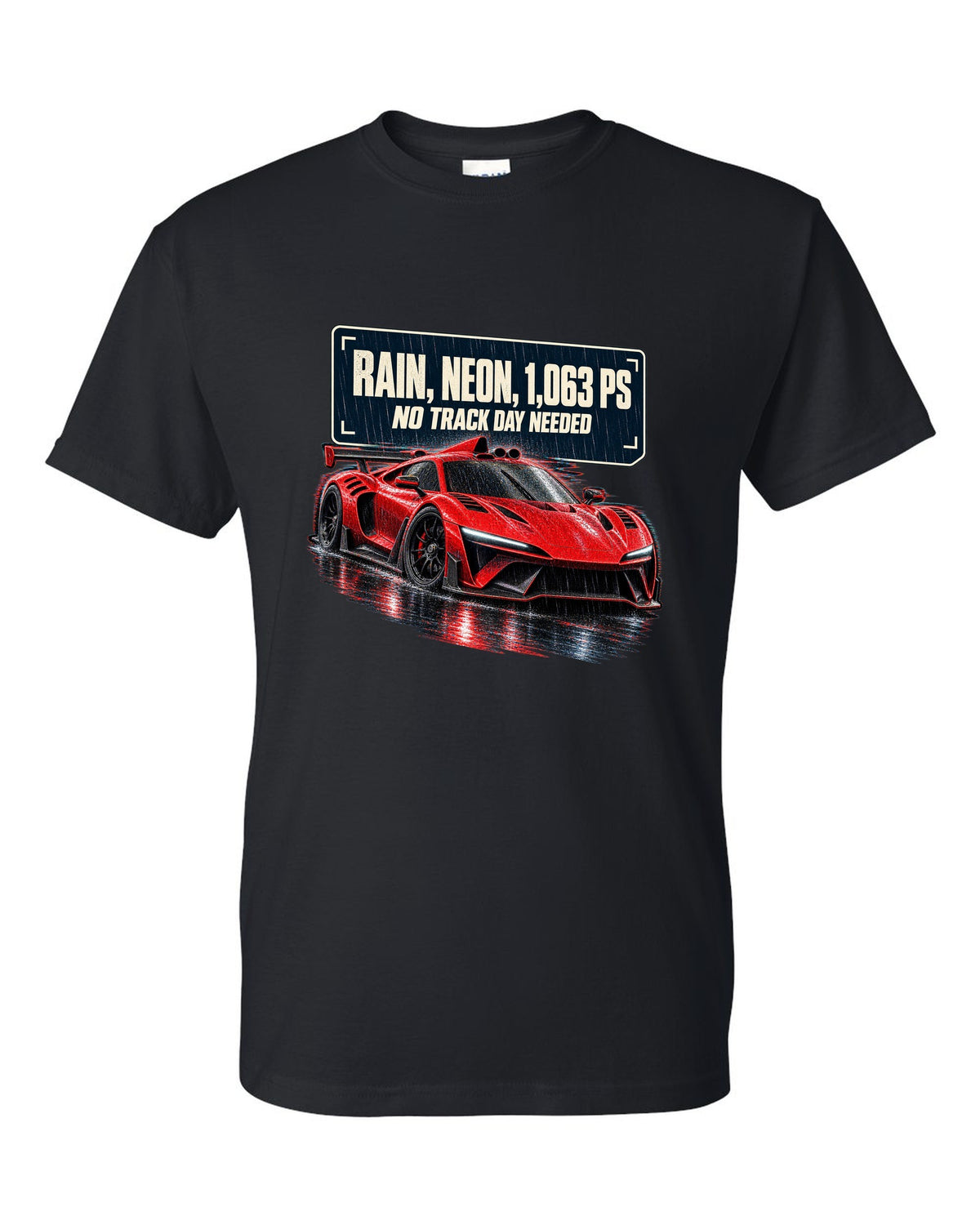 Mercedes-AMG One hypercar on a rainy neon night street black t-shirt front view with the design