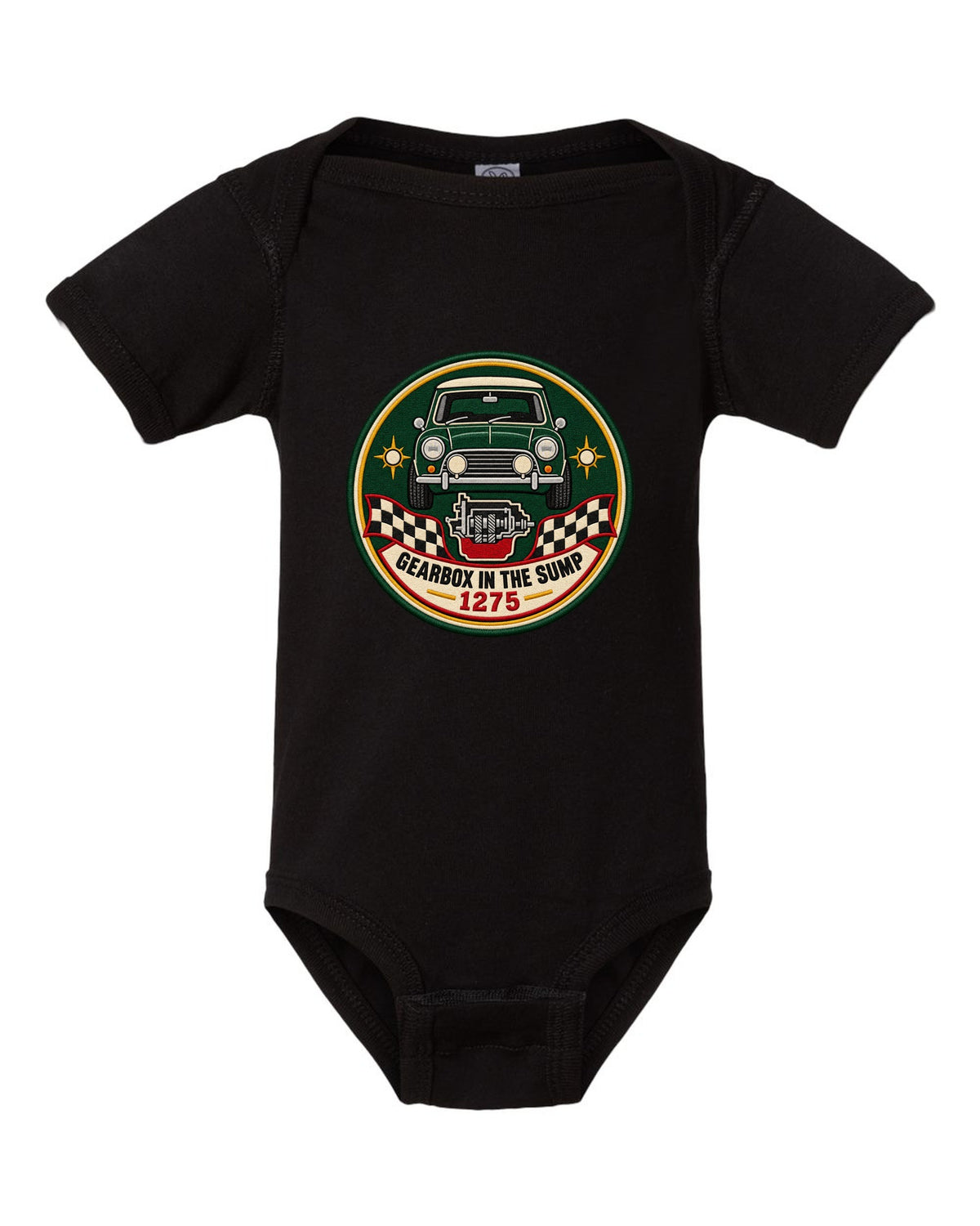 Round crest for the classic Mini Cooper S ADO15 with gearbox in the sump lettering black baby onesie front view with the design