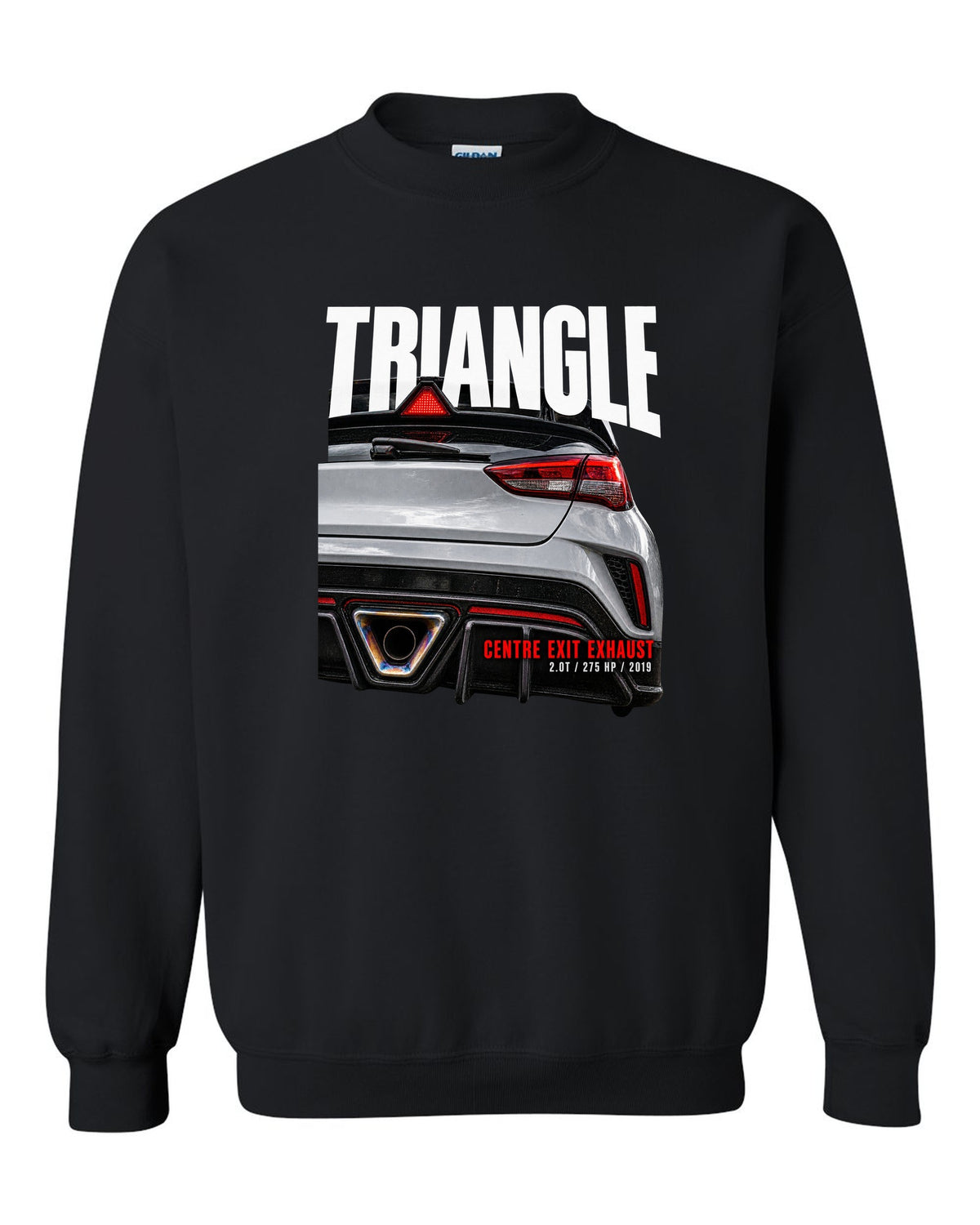 Rear macro of Hyundai Veloster N JS showing triangle and centre exit exhaust black crewneck front view with the design