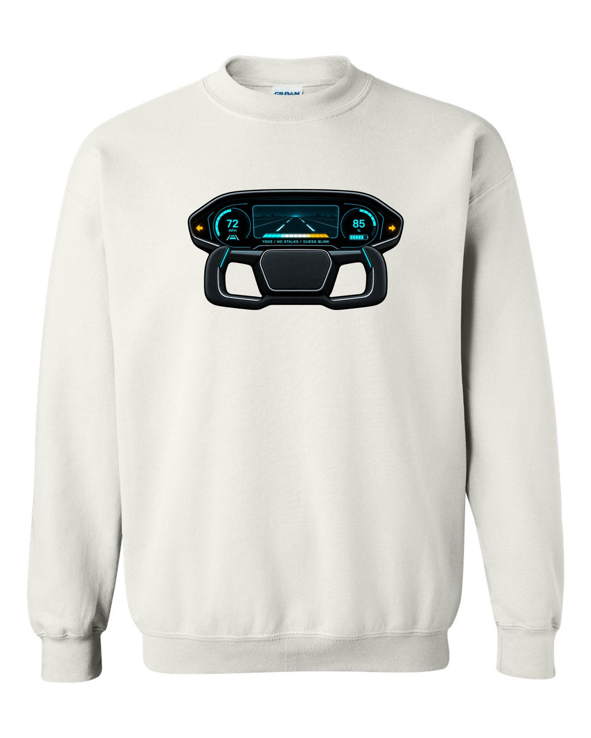 Gauge-cluster HUD design for a 2021 Tesla Model S Plaid with the words Yoke No Stalks Guess Blink white crewneck front view with the design