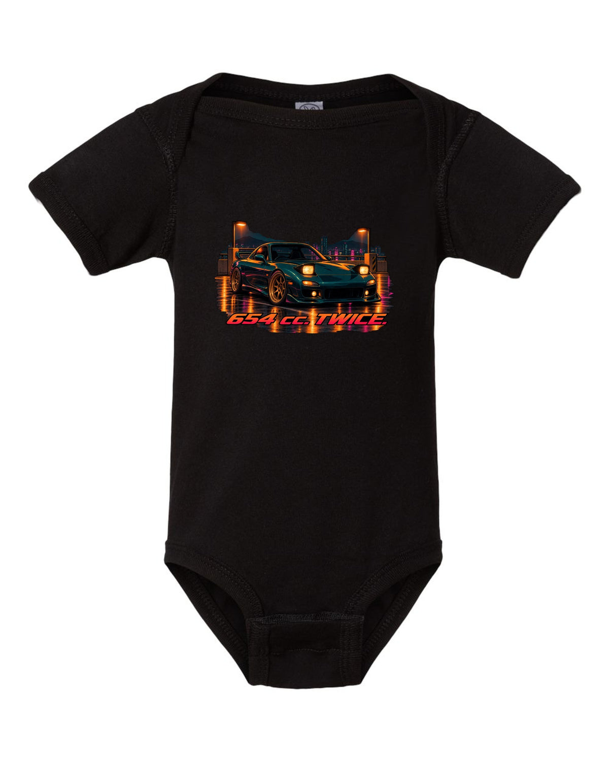 16-bit pixel art Mazda MX-5 NB roadster driving an open road black baby onesie front view with the design