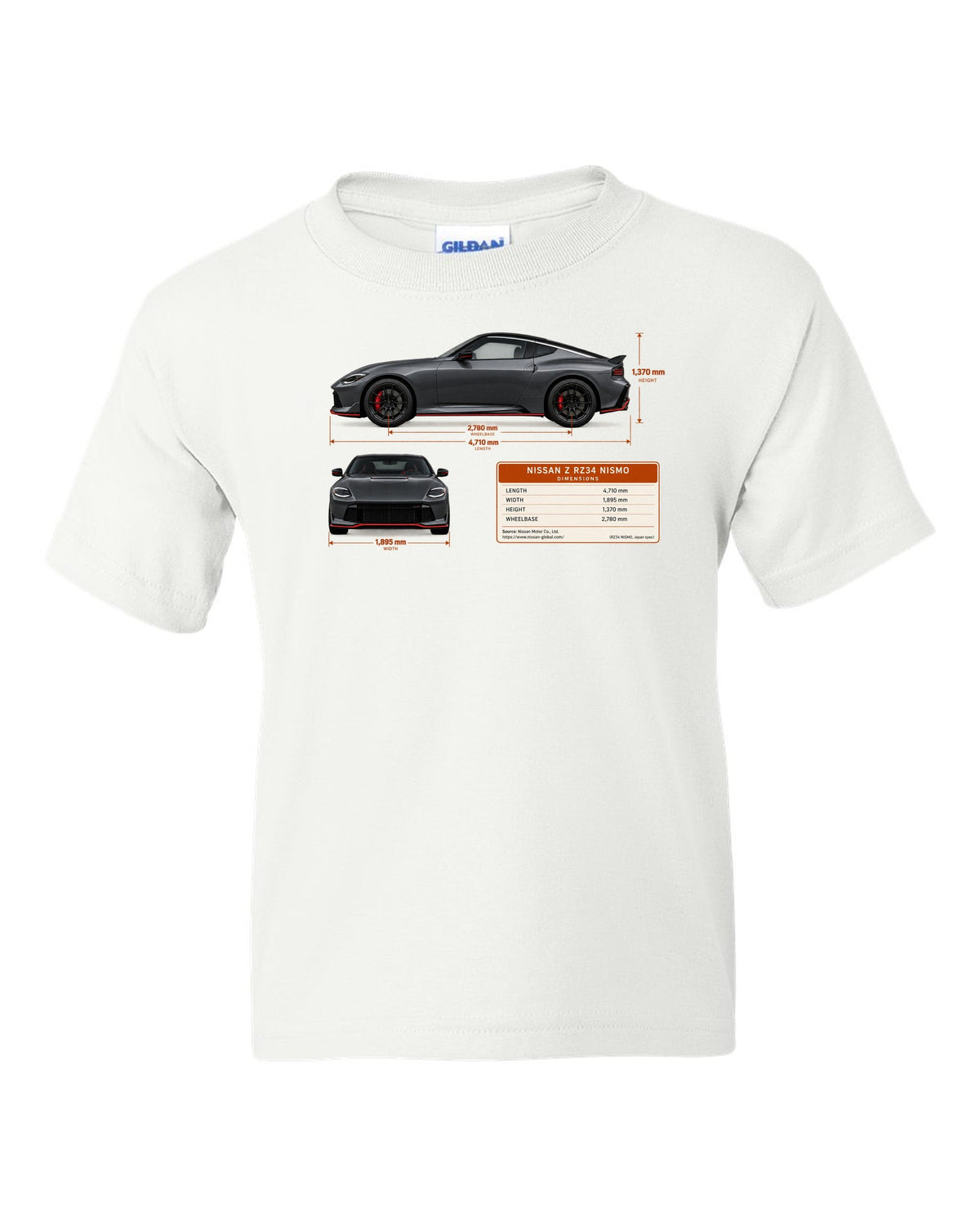 Orange 2024 Nissan Z RZ34 Sport rear view with taillight, ducktail lip and twin round tips white kids tee front view with the design