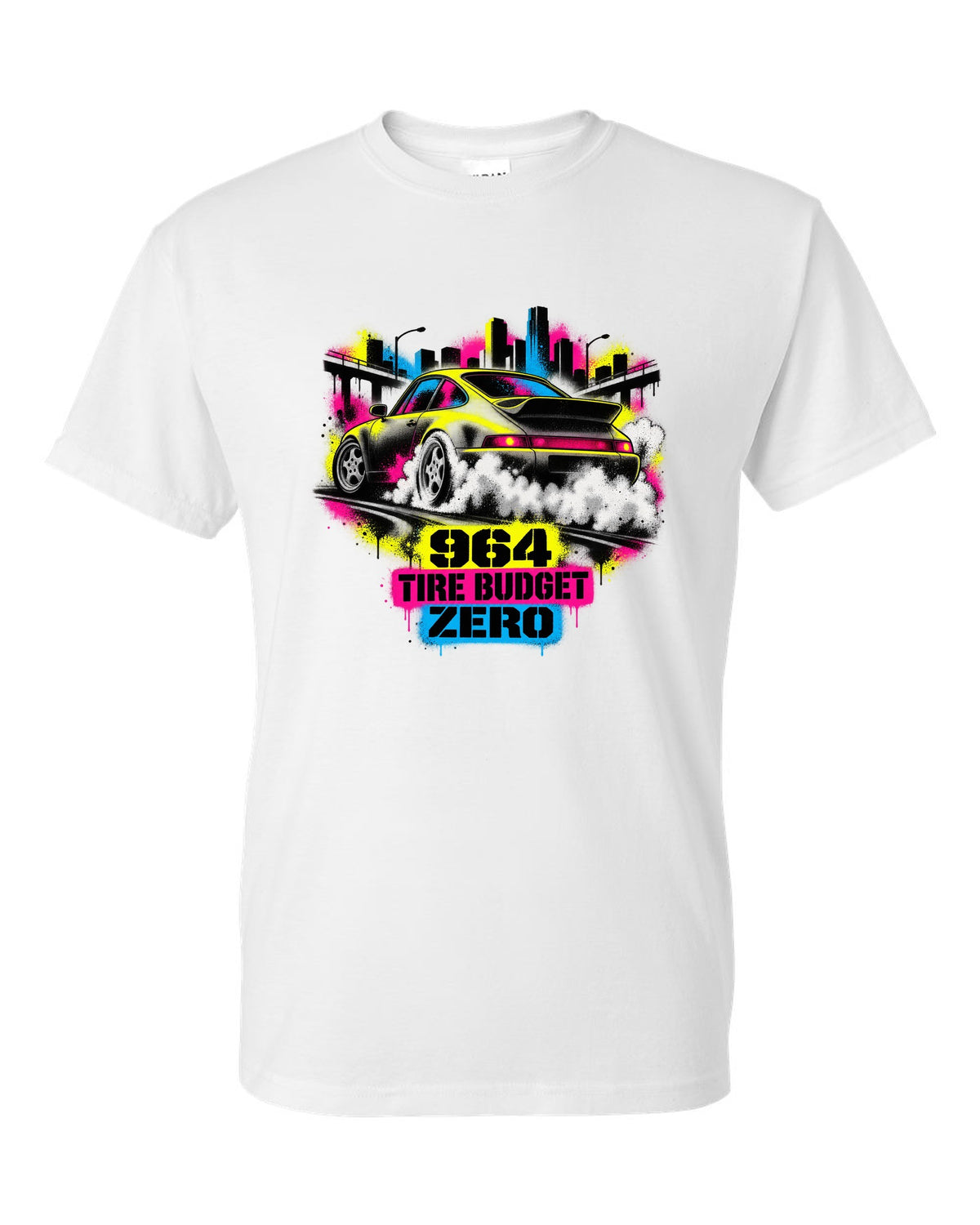 Street-art stencil print of a Porsche 911 Carrera 4 964 with the text 964, tire budget, zero white t-shirt front view with the design