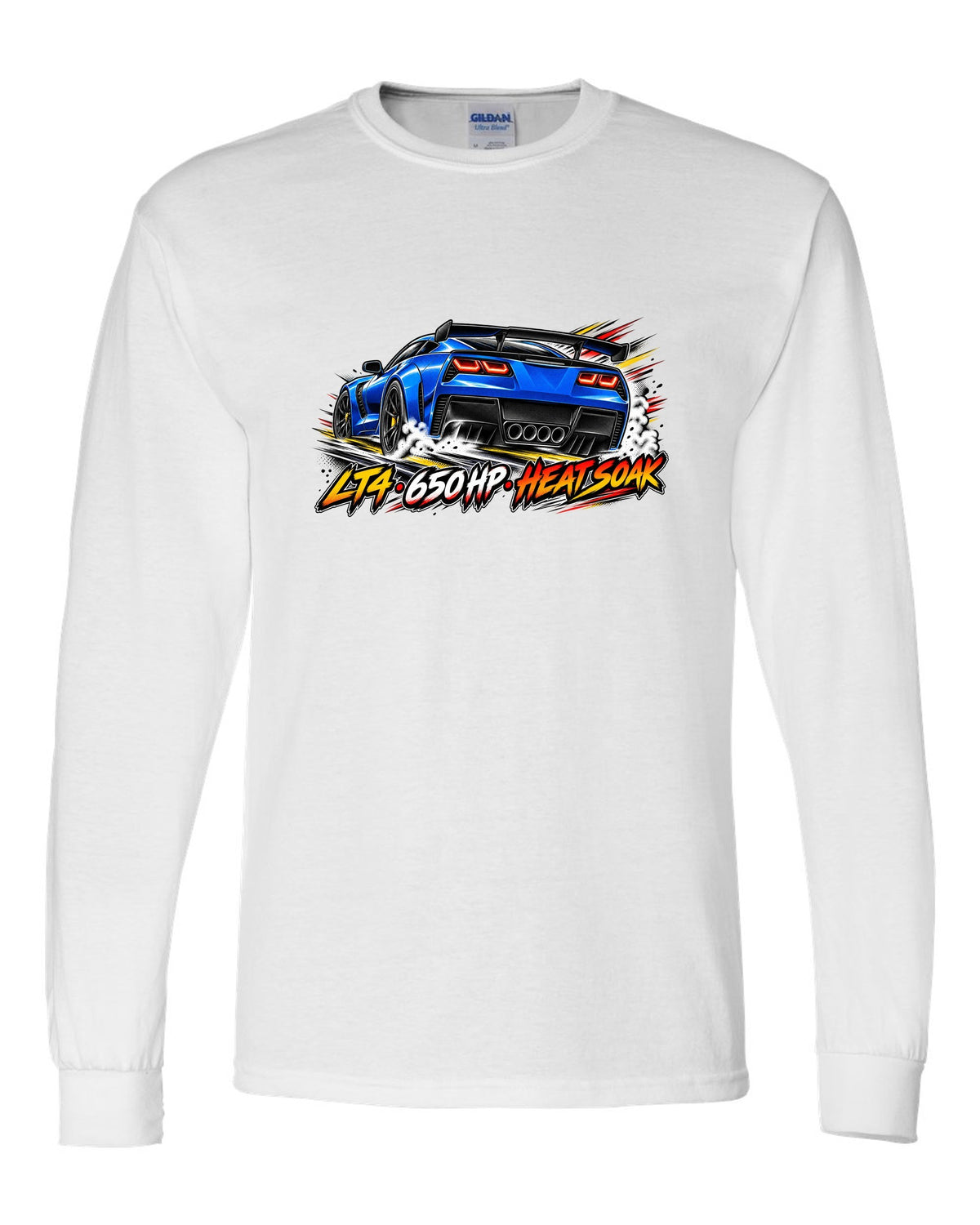 Retro manga halftone panel print of a 2016 Chevrolet Corvette C7 Z06 with LT4 650 HP heat soak lettering white long sleeve front view with the design