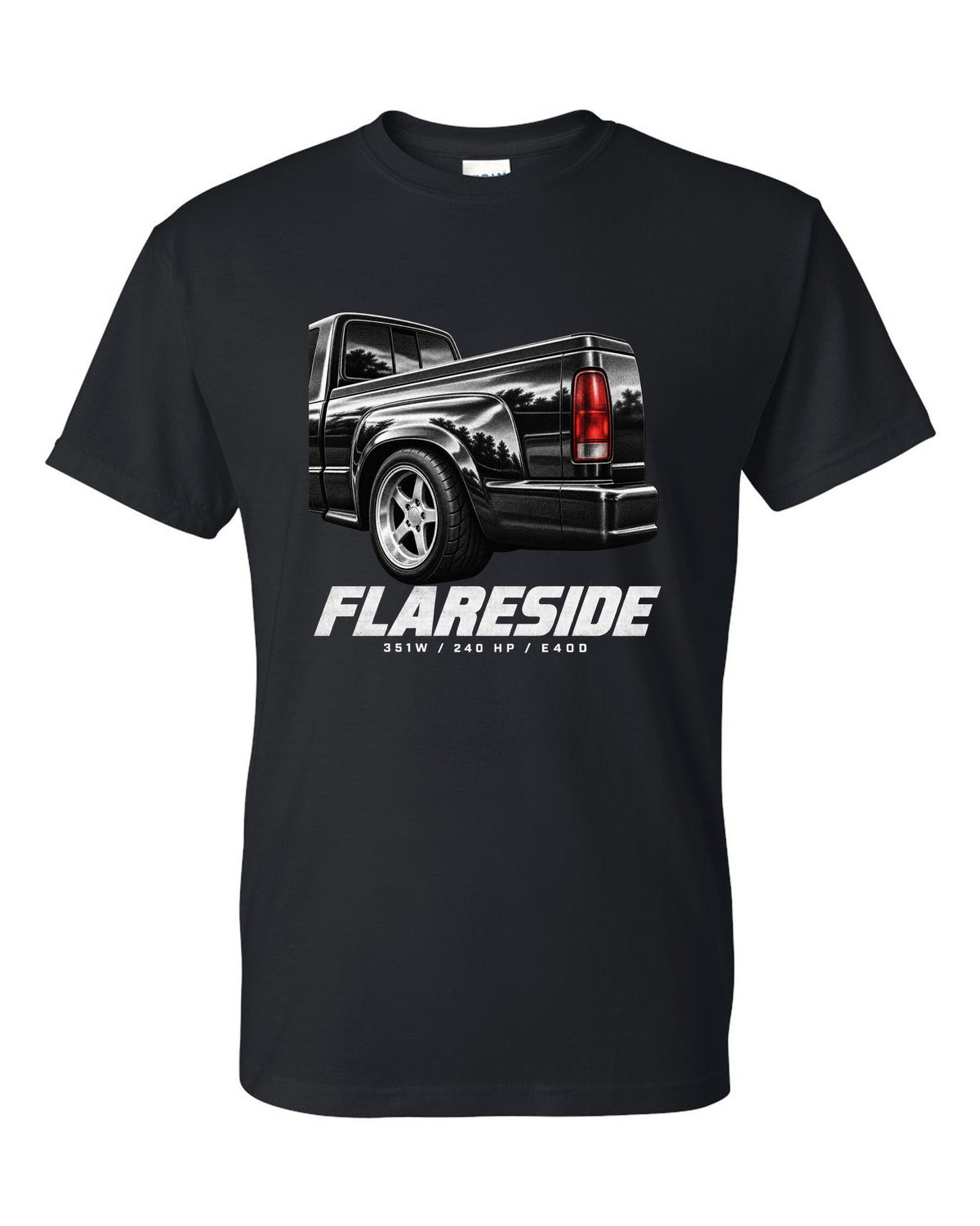 Ford F-150 SVT Lightning 1993-95 flareside taillight macro print with 351W and 240 HP black t-shirt front view with the design