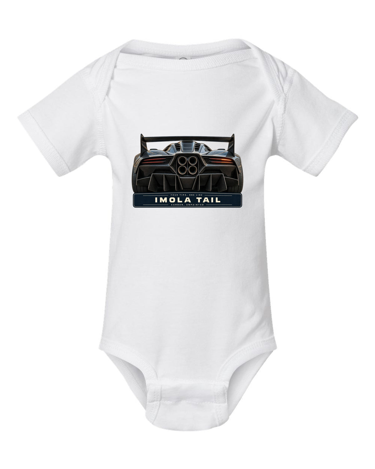 Taillight macro print of the Pagani Huayra Imola with the text four tips, one line, Imola tail, carbon, unpainted white baby onesie front view with the design