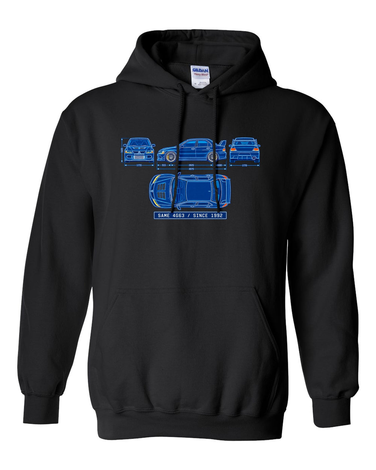 Embroidered patch style print of a boost gauge for the Mitsubishi Evo IX CT9A with boost gauge doesn't lie text black pull over hoodie front view with the design