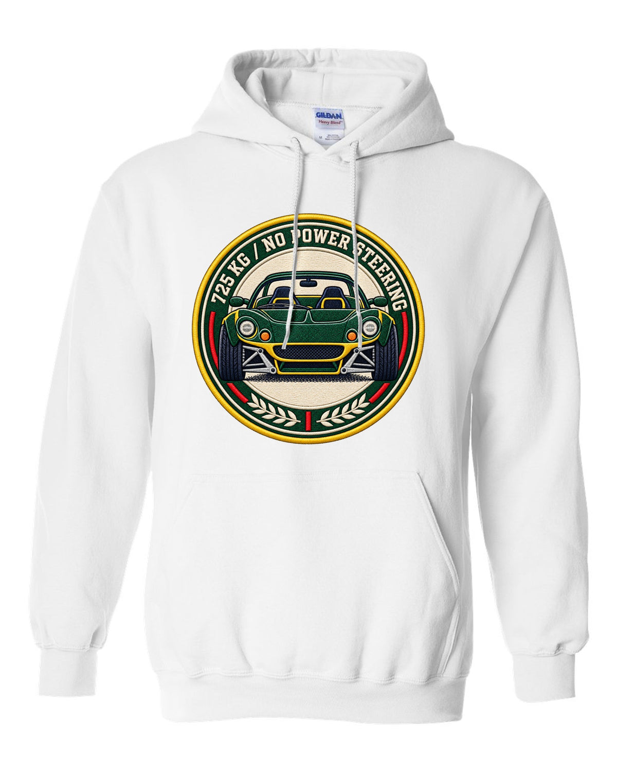 Lotus Elise S1 varsity crest design with 725 KG and no power steering lettering white pull over hoodie front view with the design