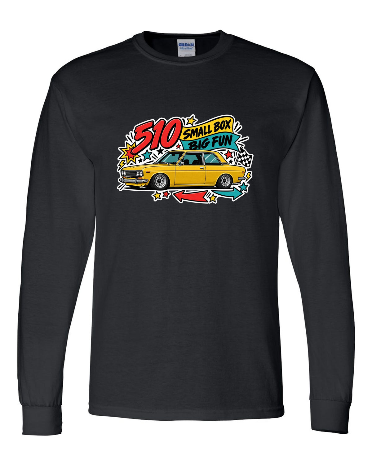 Sticker-bomb print for the Datsun 510 reading 510 Small Box Big Fun black long sleeve front view with the design