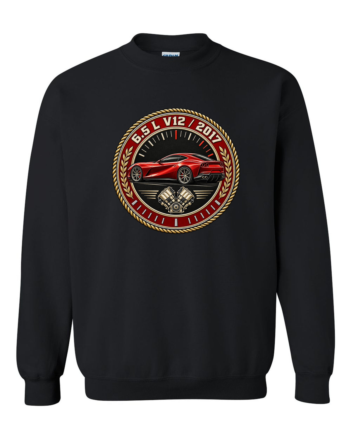 Round roundel print for the Ferrari 812 Superfast with 6.5 L V12 and 2017 lettering black crewneck front view with the design