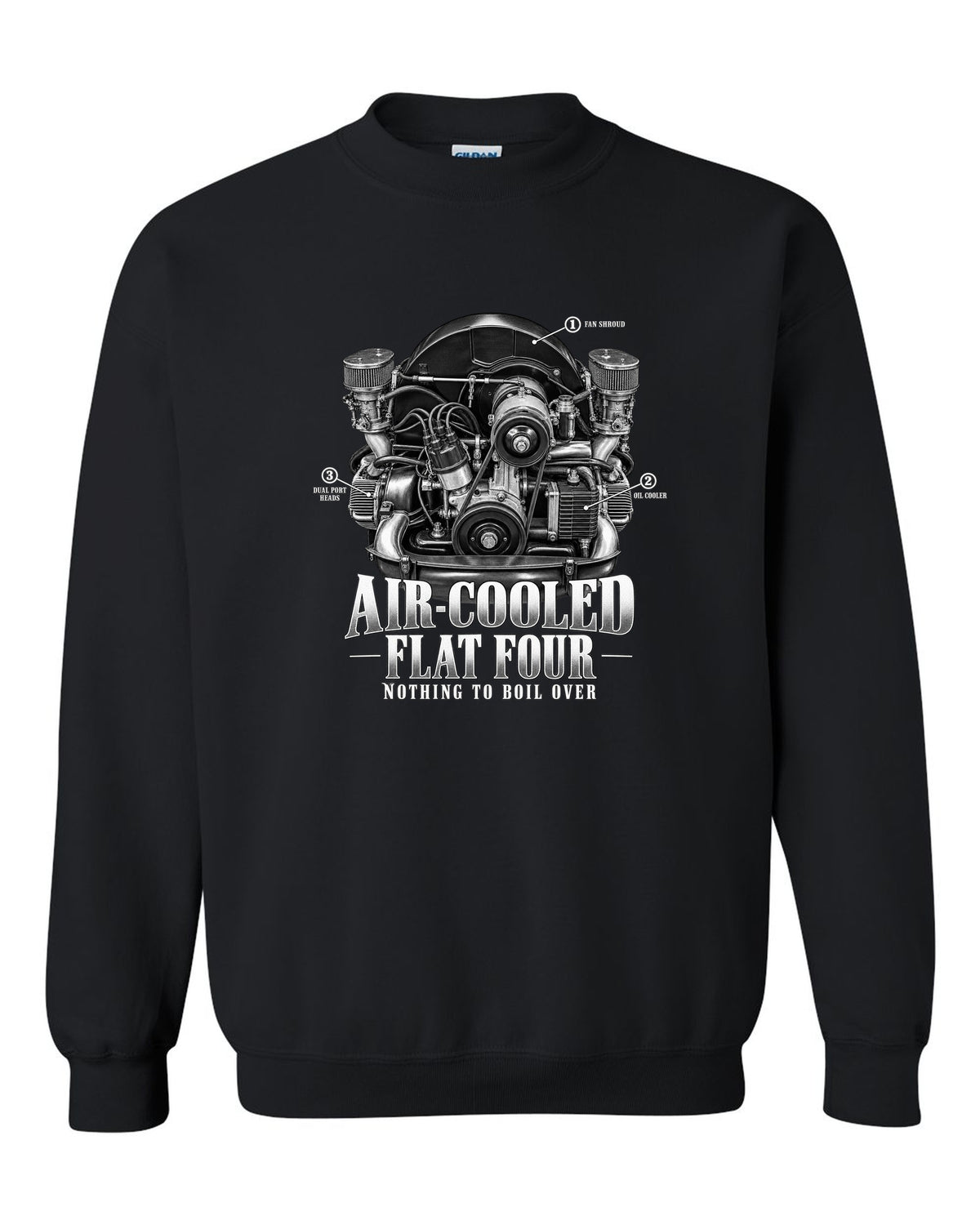 Engine bay callout print of a VW Beetle air-cooled 1600 dual-port flat-four black crewneck front view with the design