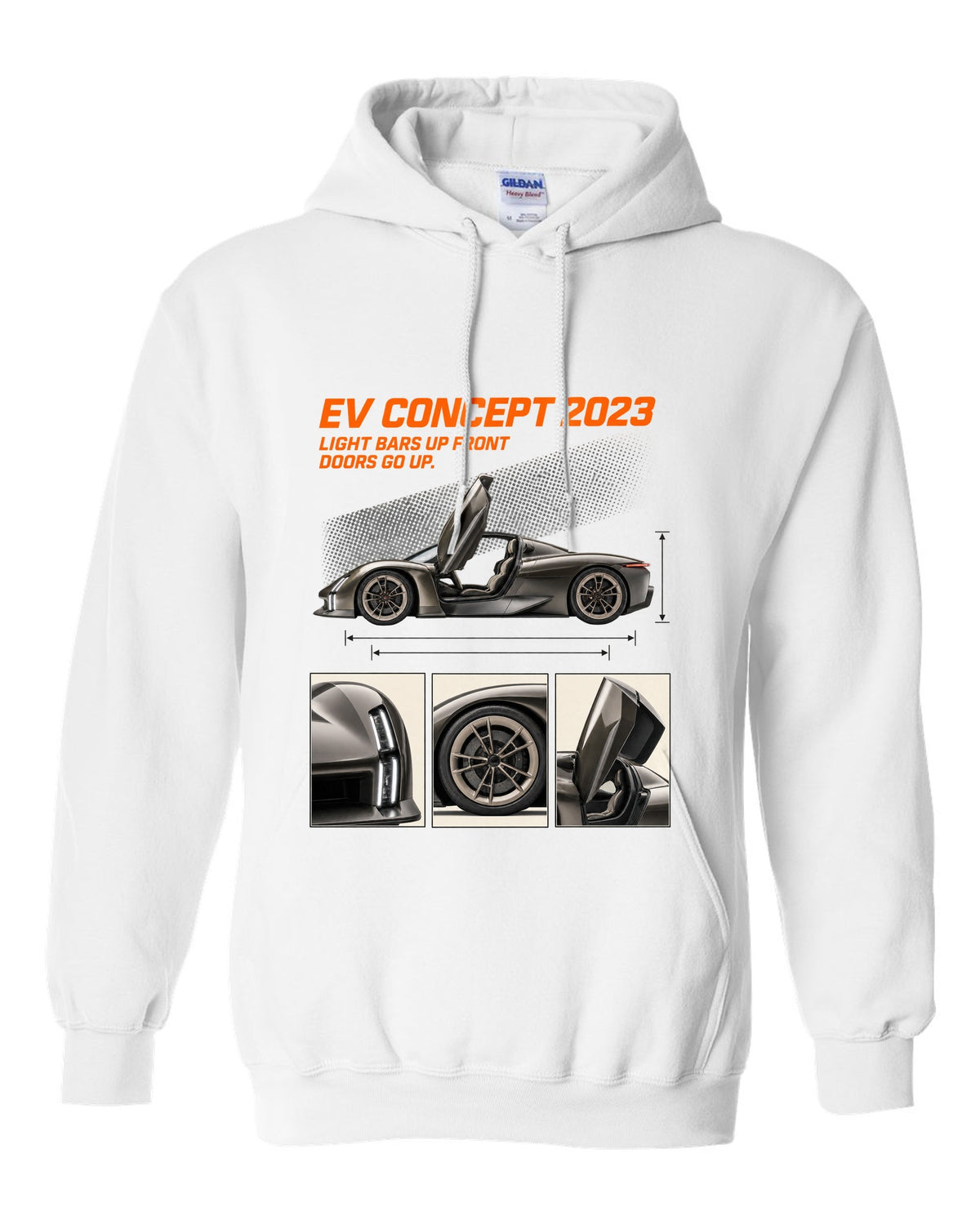 Porsche Mission X electric concept dossier panels print design white pull over hoodie front view with the design