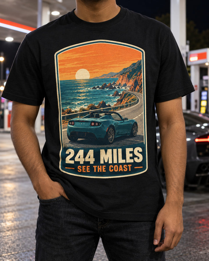 Tesla Roadster 2008 Retro Travel Poster Shirt, Hairpin print T-Shirt Black worn hero