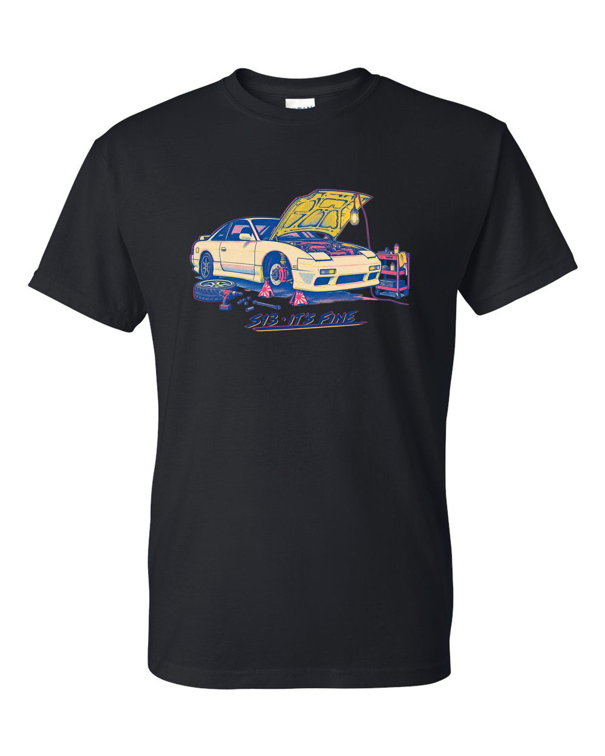 Risograph workshop print of a Nissan S13 with S13 it's fine lettering black t-shirt front view with the design
