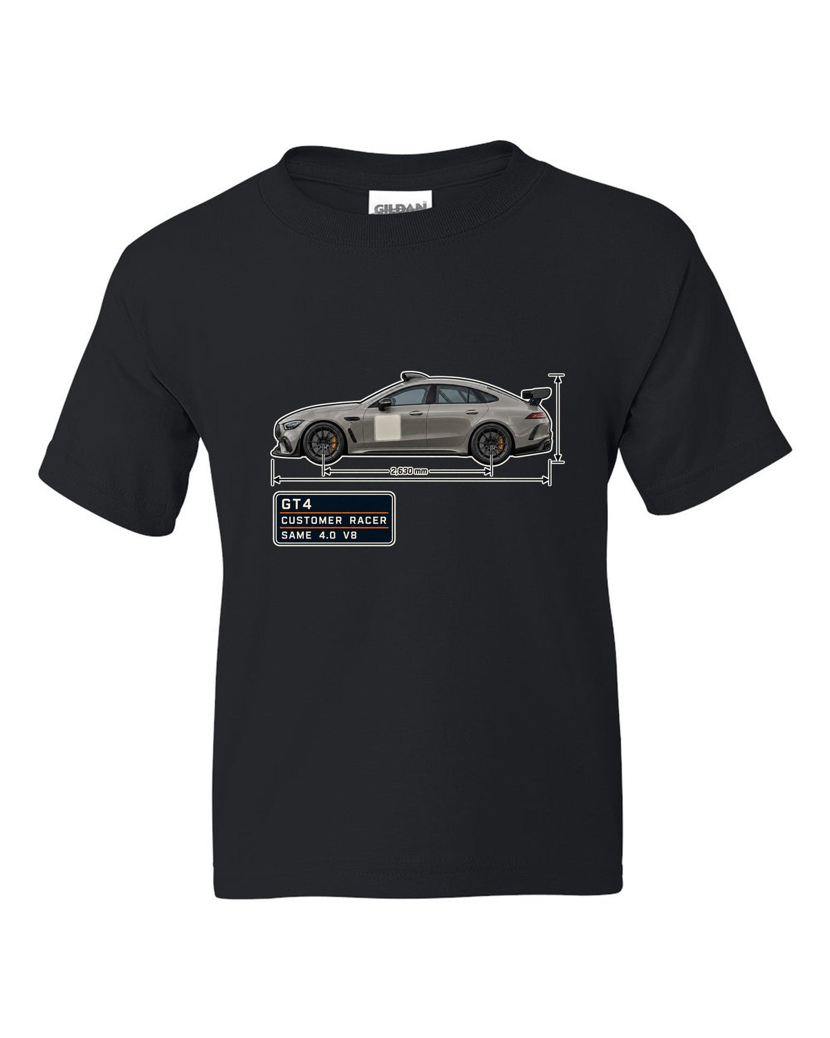 Mercedes-AMG GT4 unliveried spec poster print black kids tee front view with the design