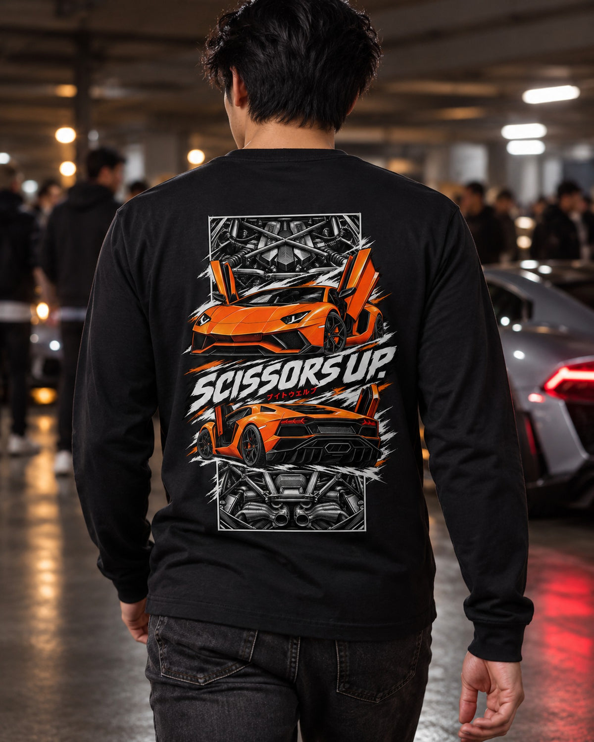 Lamborghini Aventador Torn Poster Full-Back Graphic Tee Long Sleeve Black worn hero