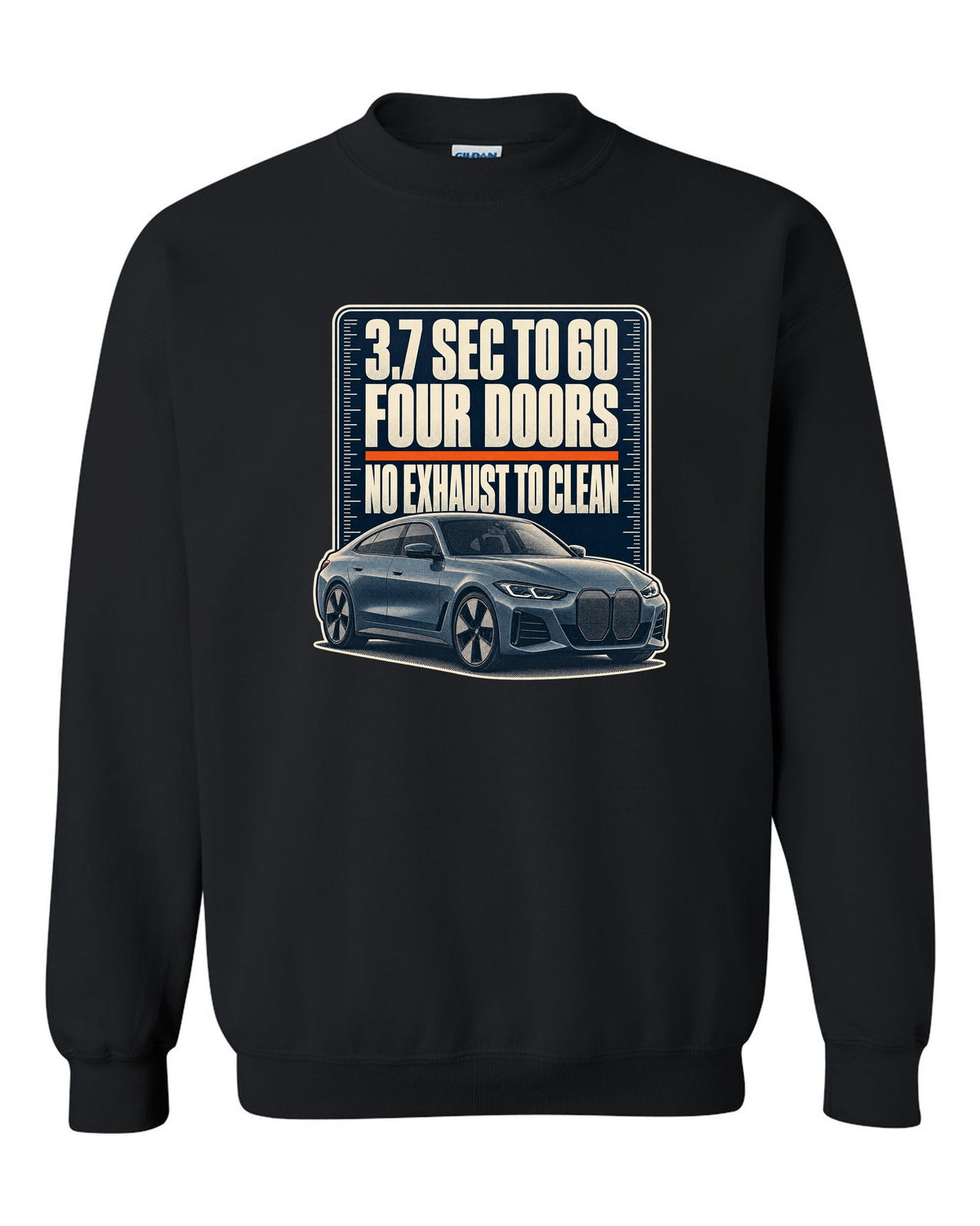 Halftone print of the BMW i4 M50 G26 with 3.7 second 0-60 time black crewneck front view with the design