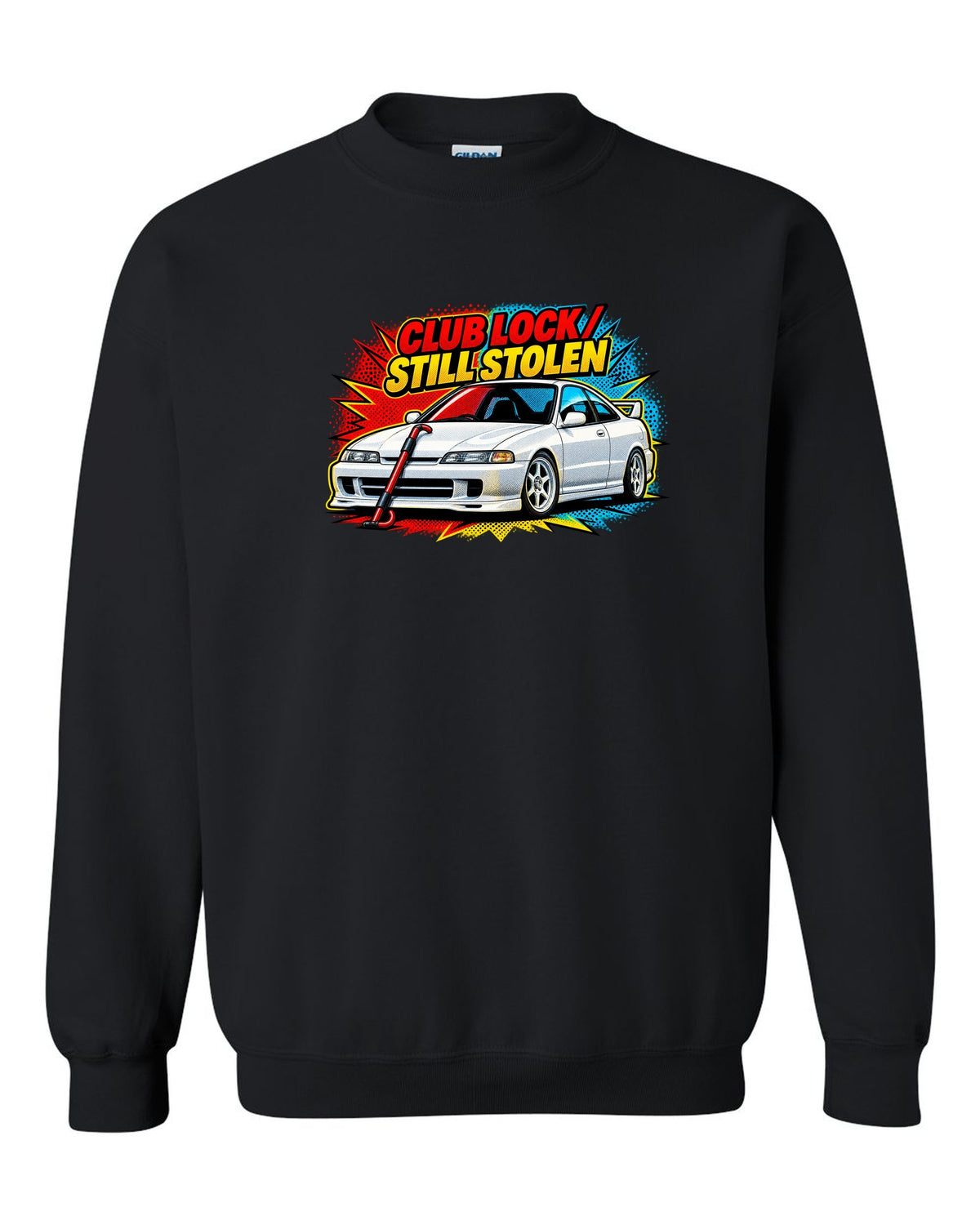 Pop-art halftone split of a 1995 Honda Integra DC2 coupe with Club Lock Still Stolen lettering black crewneck front view with the design
