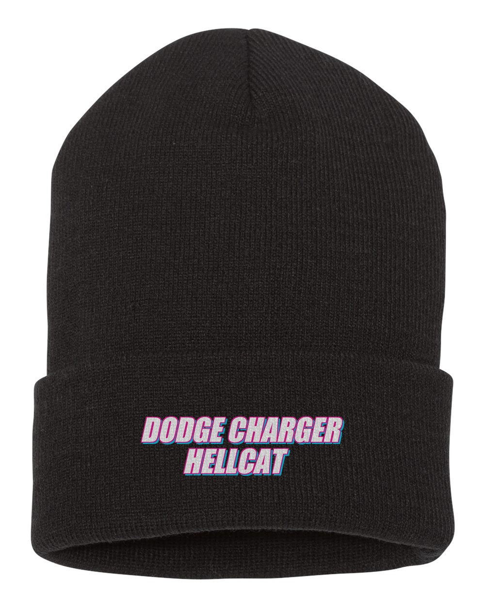 Dodge Charger Hellcat black beanie front view with car name