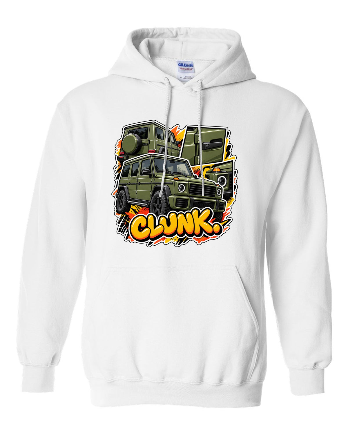 Stencil spray street art graphic of a Mercedes G63 W464 with round headlights, print white pull over hoodie front view with the design