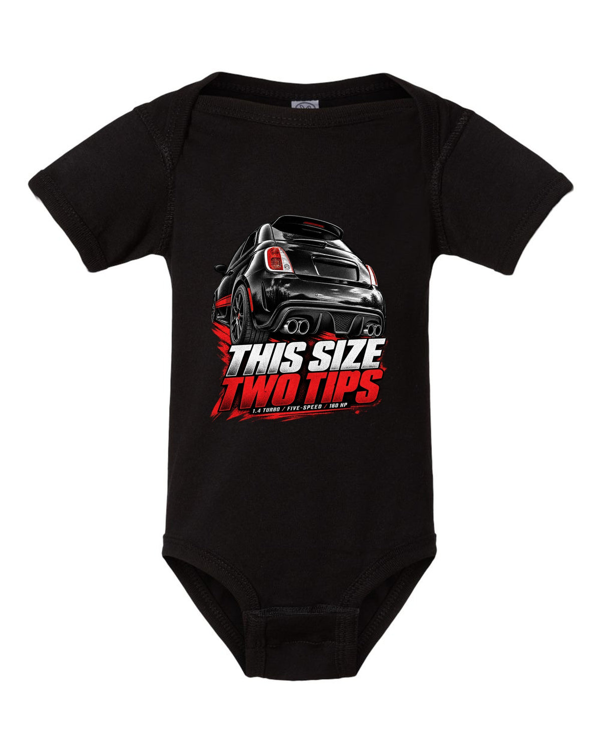 Low rear crop of a US Fiat 500 Abarth exhaust and diffuser on a print black baby onesie front view with the design