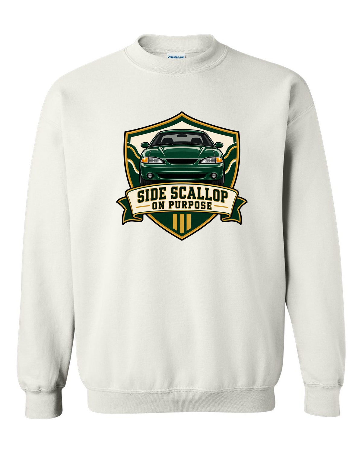 SN95 Mustang 1994-98 Varsity Crest white crewneck front view with the design