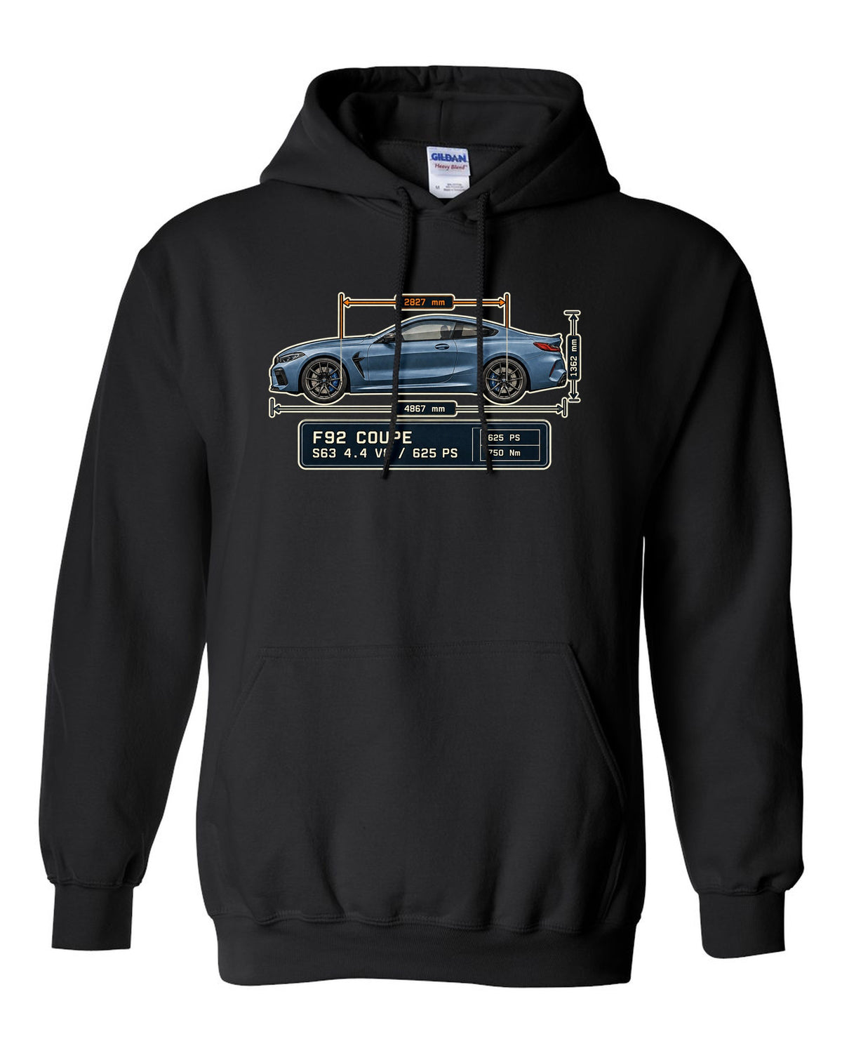 BMW M8 Competition Coupe F92 dimension blueprint print on a tee black pull over hoodie front view with the design