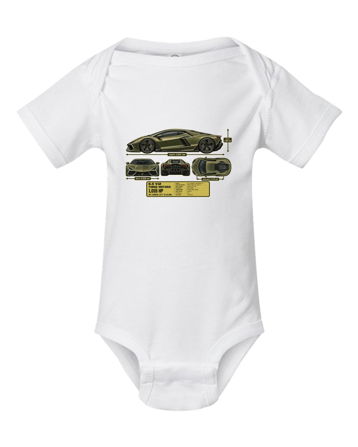 print dimension blueprint of a Lamborghini Revuelto in olive-grey white baby onesie front view with the design