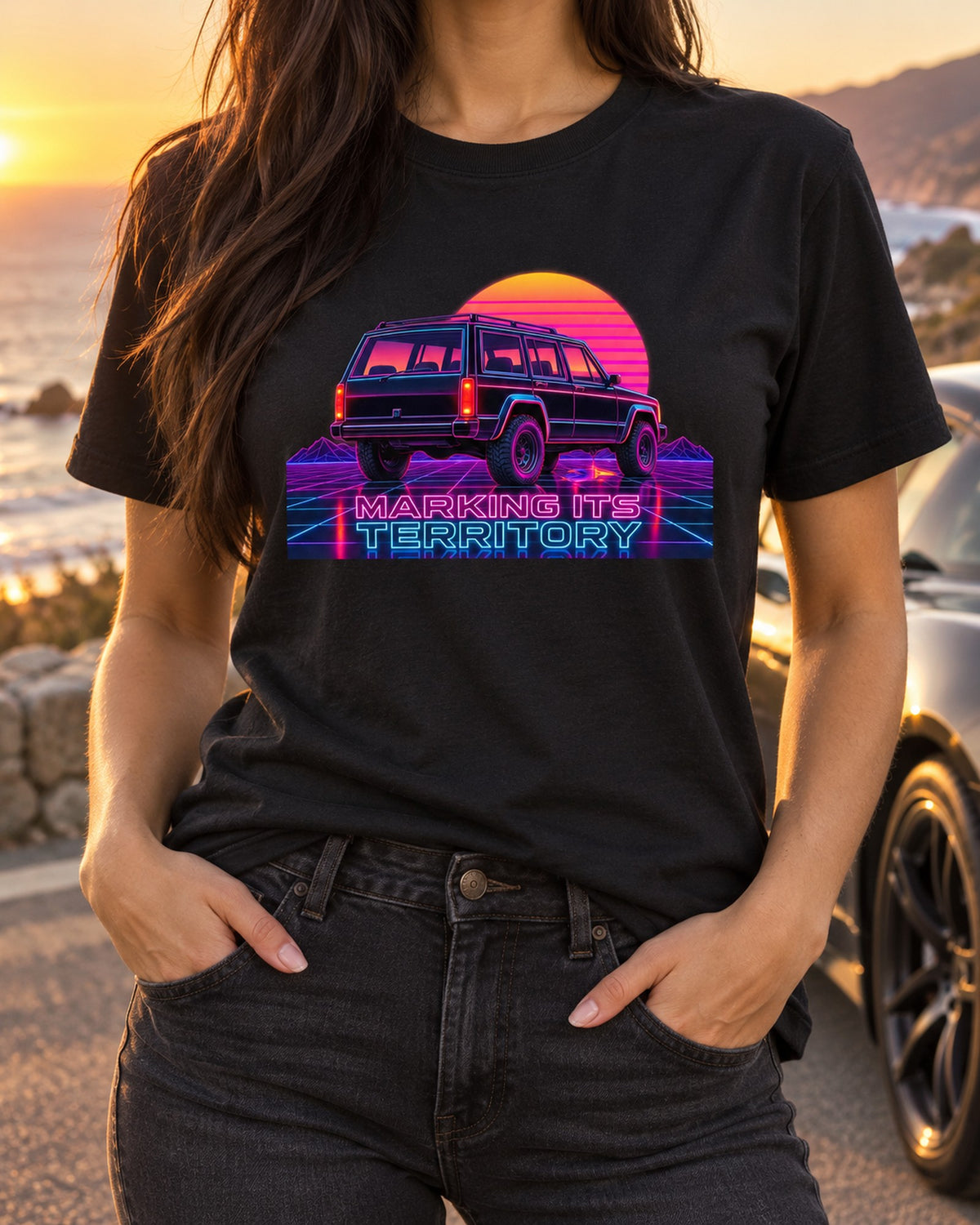 Jeep Cherokee XJ Oil Leak Neon Synthwave Shirt T-Shirt Black worn hero