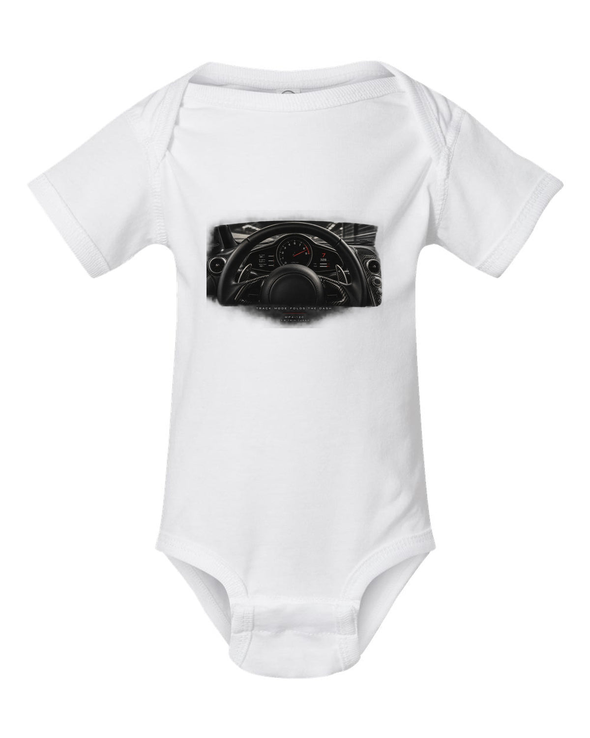 Cockpit gauge print of a 2011 McLaren 12C MP4-12C with folding dash text white baby onesie front view with the design