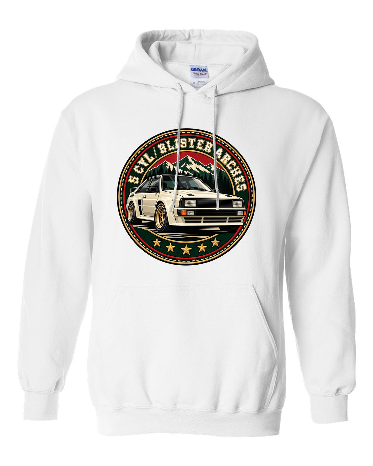 Varsity crest print of an Audi Ur-Quattro with blister arches text white pull over hoodie front view with the design