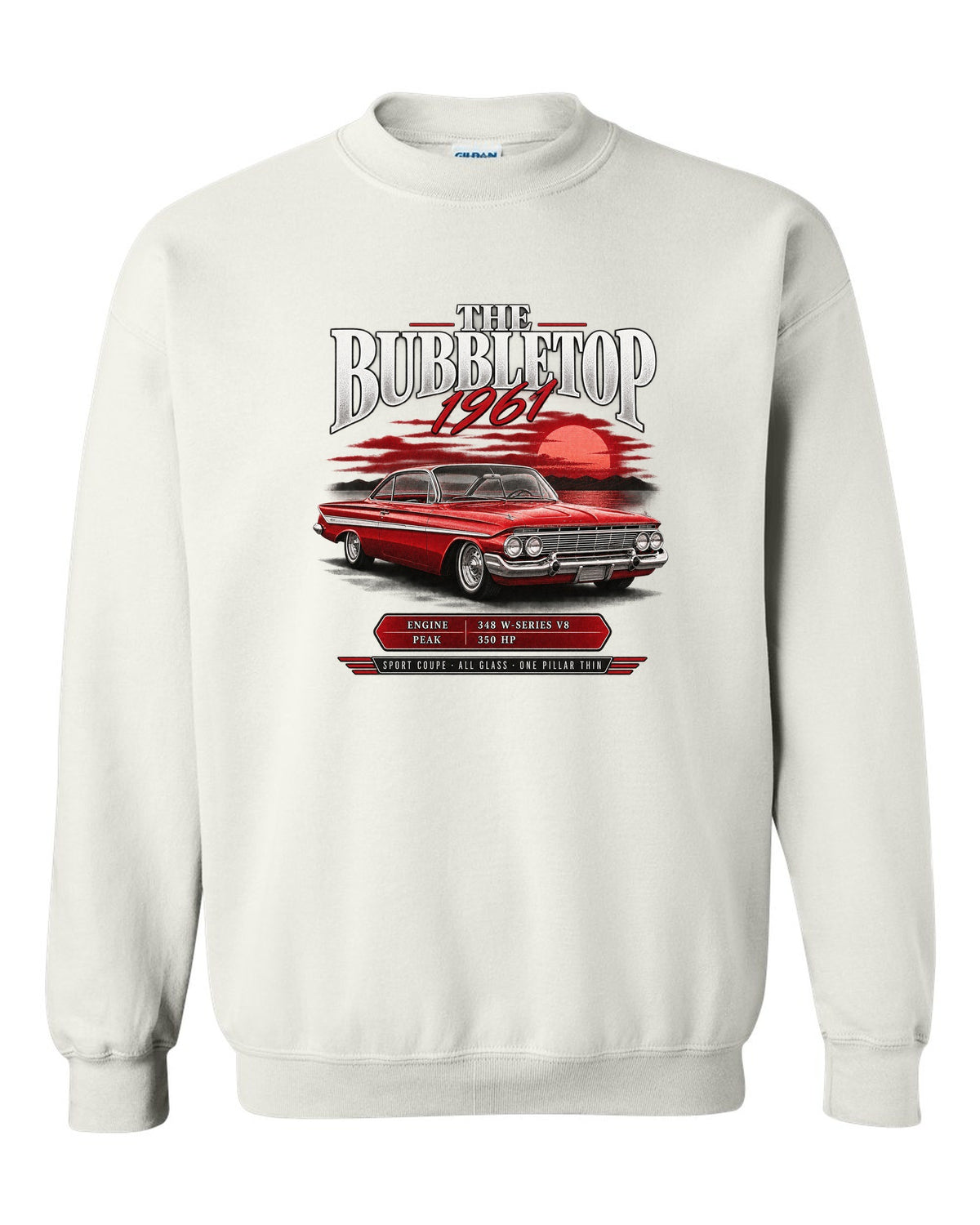 1961 Impala Sport Coupe bubbletop archive panel print with 348 V8 callouts white crewneck front view with the design