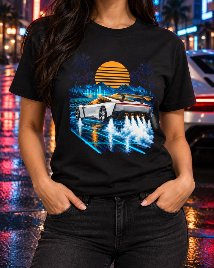 Tesla Roadster Synthwave Shirt, Hoodie & More T-Shirt Black worn hero