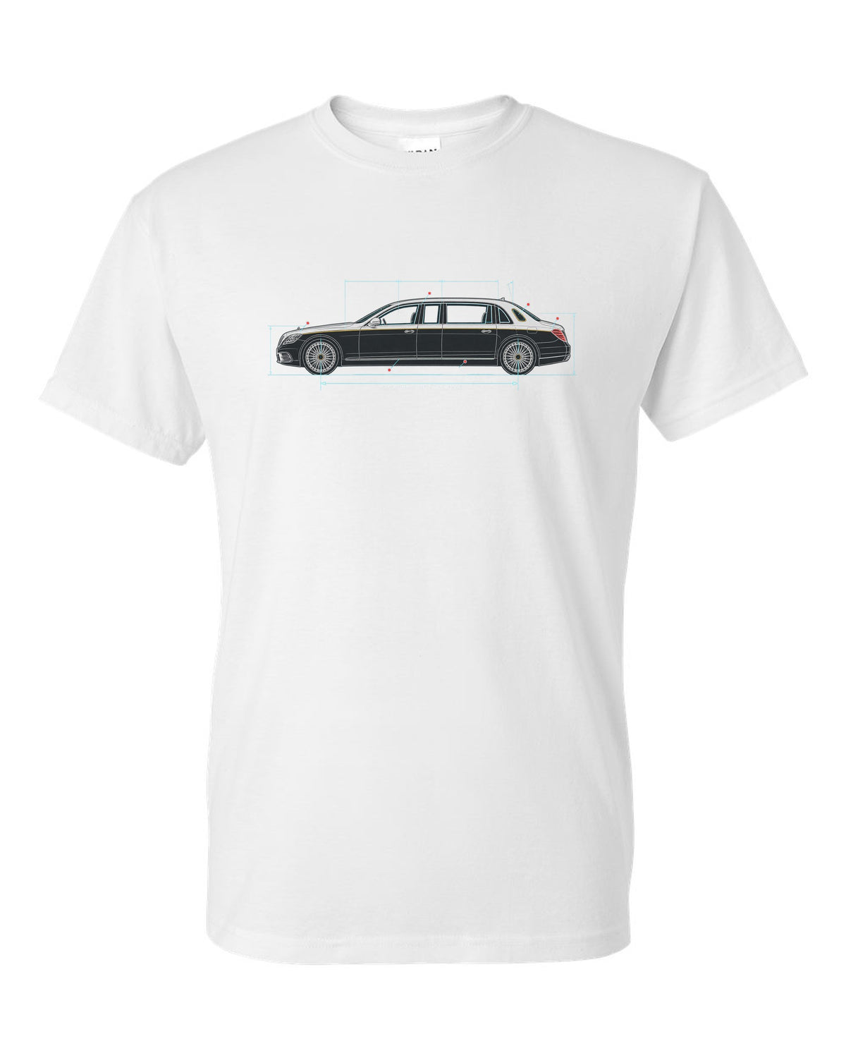 Maybach 62 S W240 Limousine Side Blueprint Tee white t-shirt front view with the design