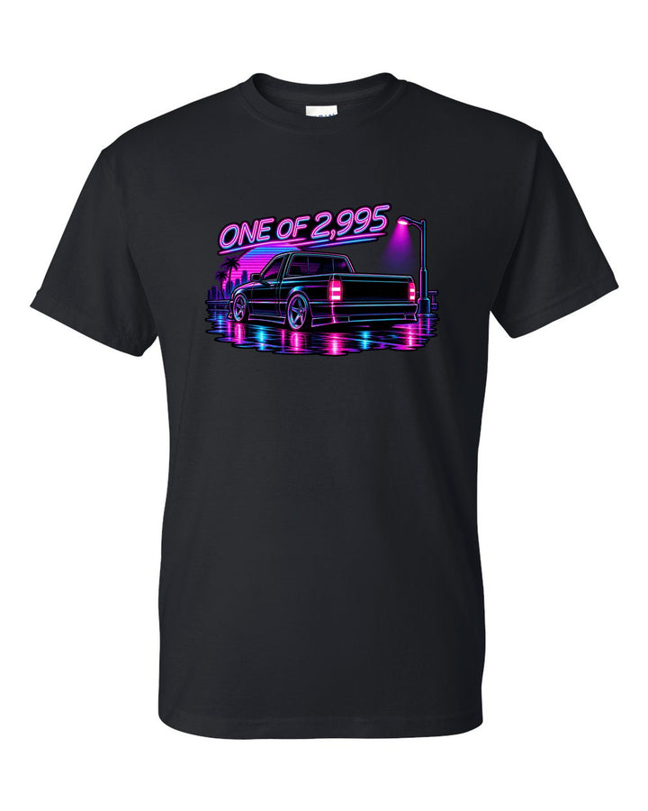 Neon synthwave line art of a 1991 GMC Syclone under a streetlight with ONE OF 2,995 text black t-shirt front view with the design