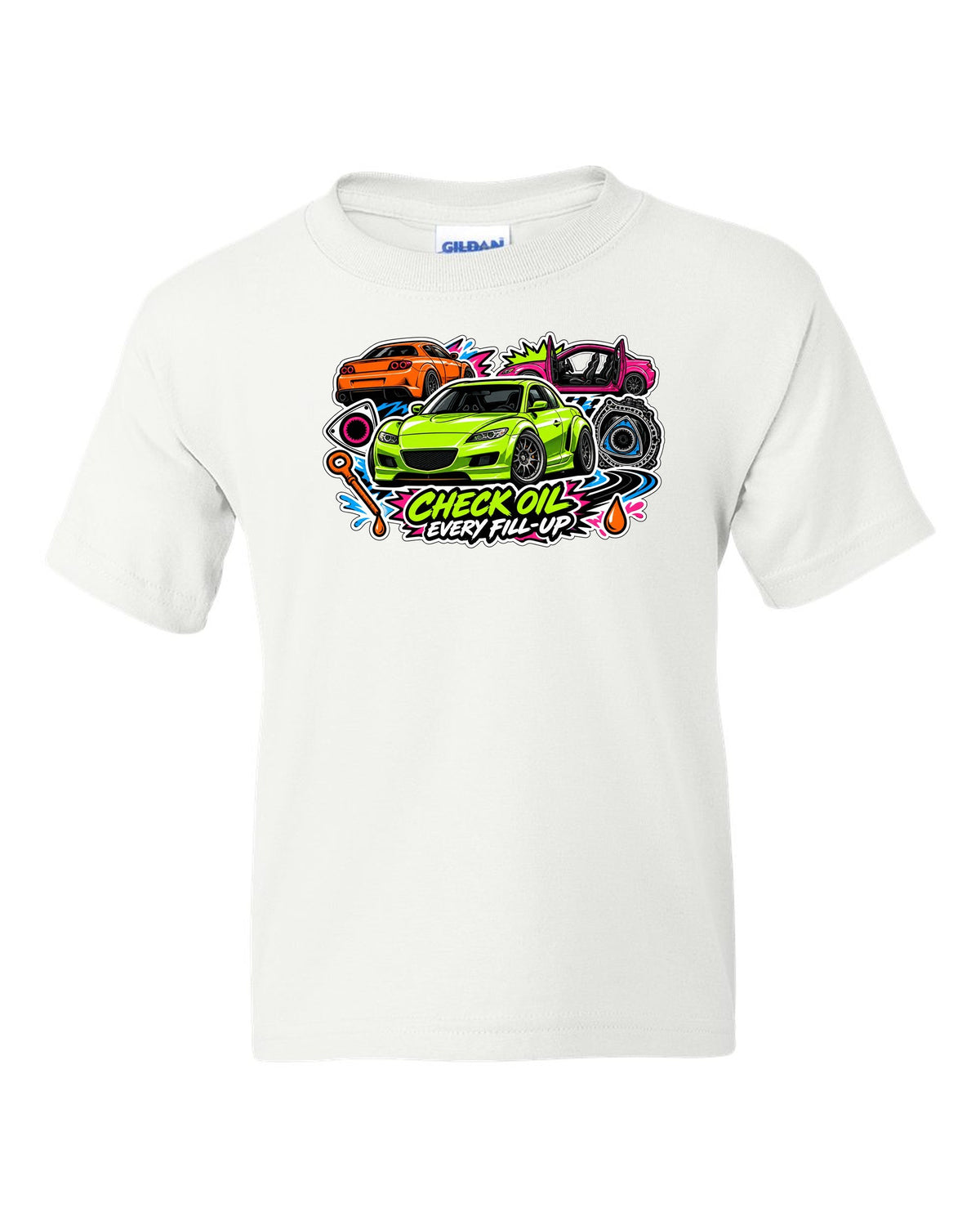 Retro synthwave sunset grid design for the Mazda RX-8 Renesis with 15 MPG ON A GOOD DAY lettering white kids tee front view with the design