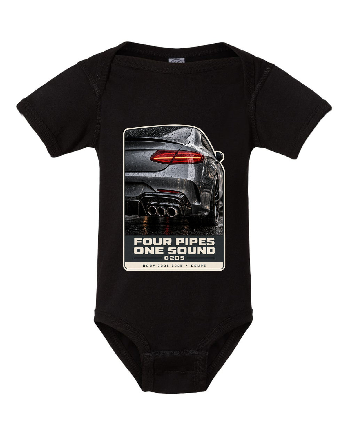 Mercedes-AMG C63 Coupe C205 rear taillight and four-pipe exhaust macro black baby onesie front view with the design
