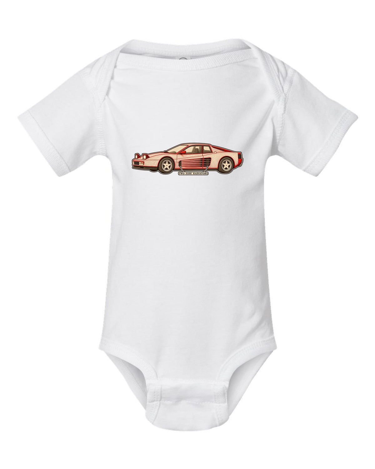 Ferrari Testarossa F110 Side Strake Contour Map white baby onesie front view with the design