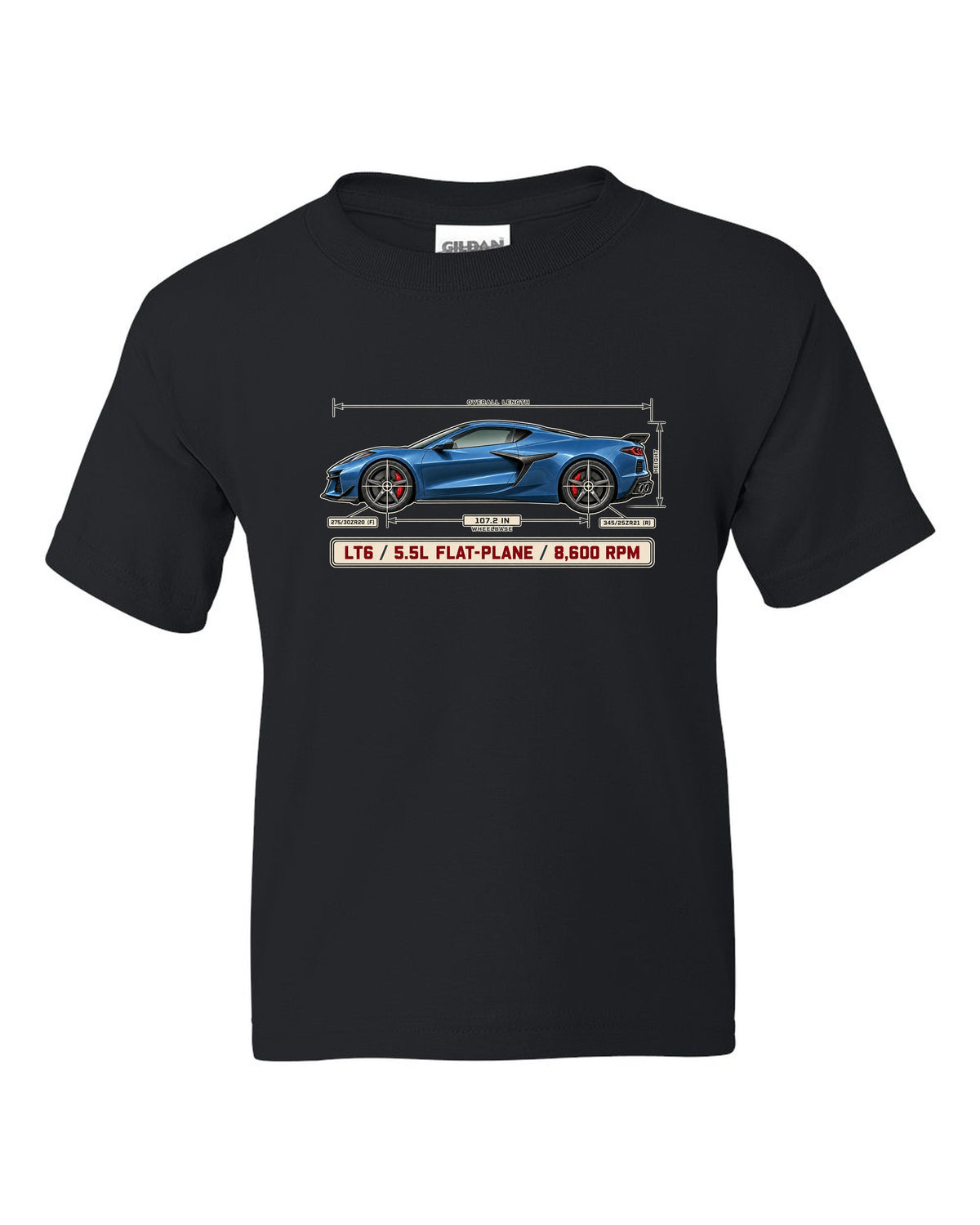 Dimension blueprint print of a Chevrolet Corvette C8 Z06 with LT6 5.5L flat-plane text black kids tee front view with the design