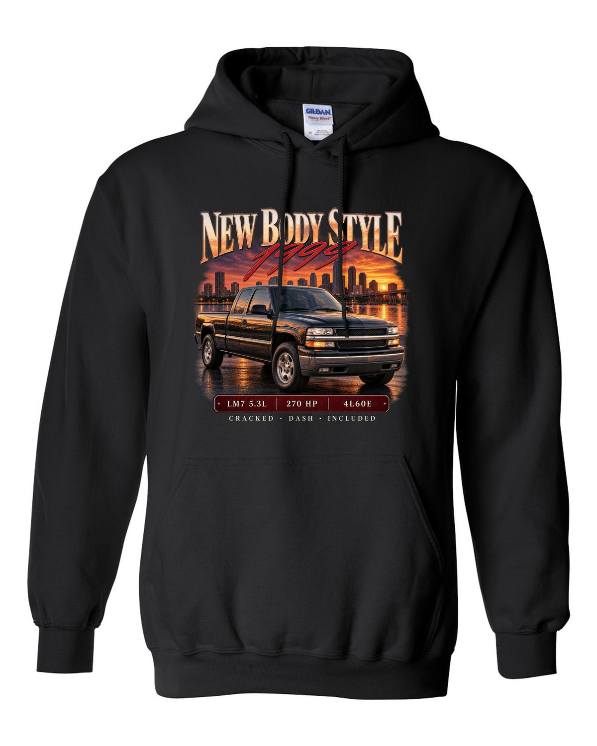 Archive panel print of a 1999-2006 Chevrolet Silverado GMT800 with LM7 5.3L text black pull over hoodie front view with the design