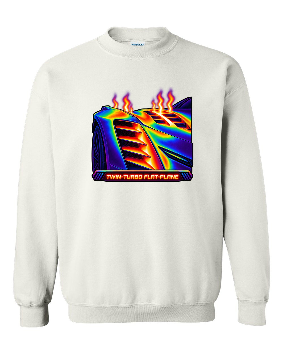 Infrared thermal gradient print of a fender vent on a 2025 Chevrolet Corvette C8 ZR1 with Twin-Turbo Flat-Plane text white crewneck front view with the design