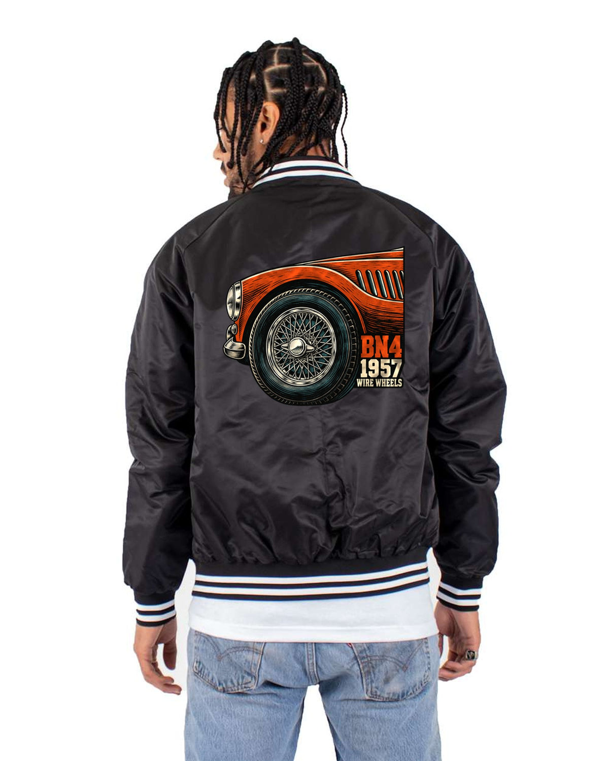 Austin-Healey 100-Six BN4 Wire Wheel Linocut Shirt Bomber Jacket Black back